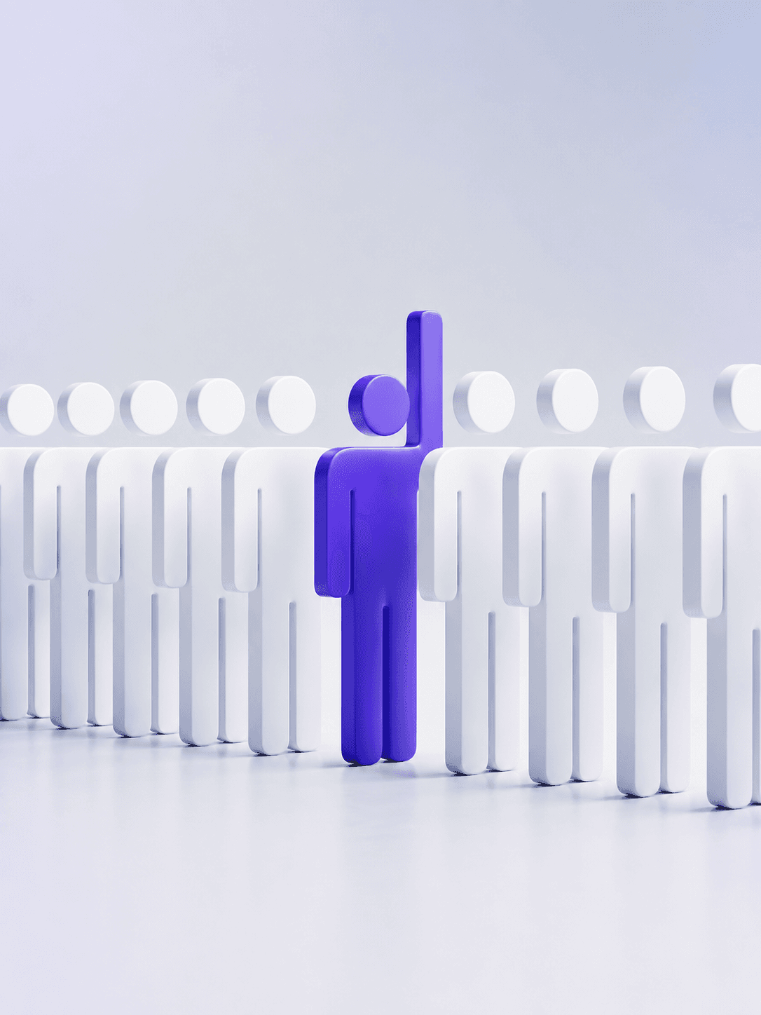 One figure stepping forward from a uniform row